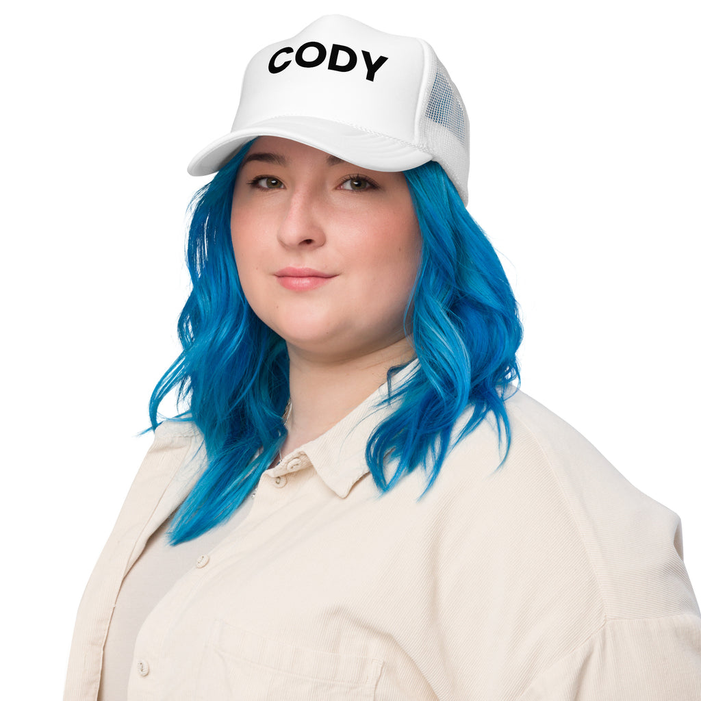 Cody Pool Hat LE white with black text on woman front view
