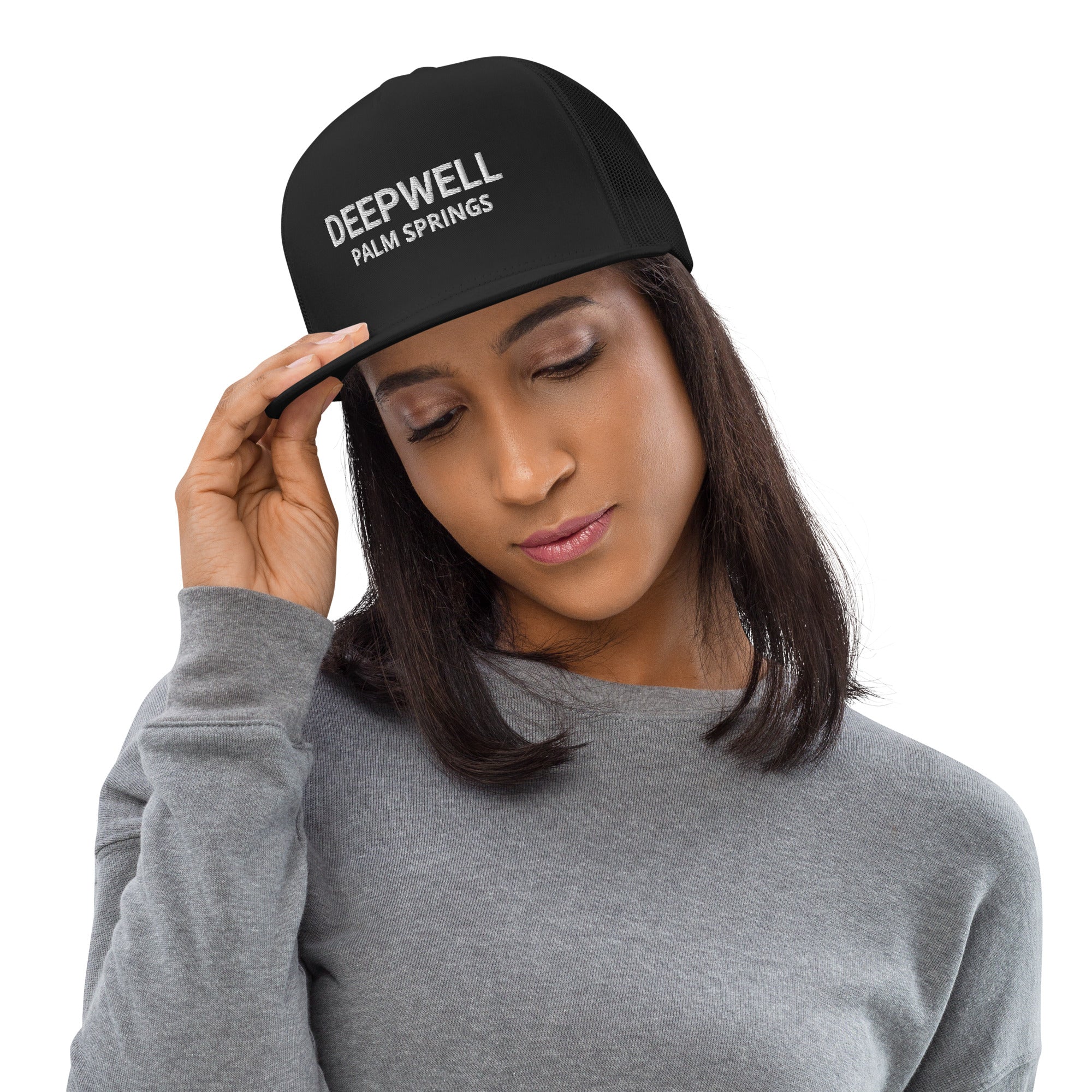 Deepwell Mod Hat black with white text on woman