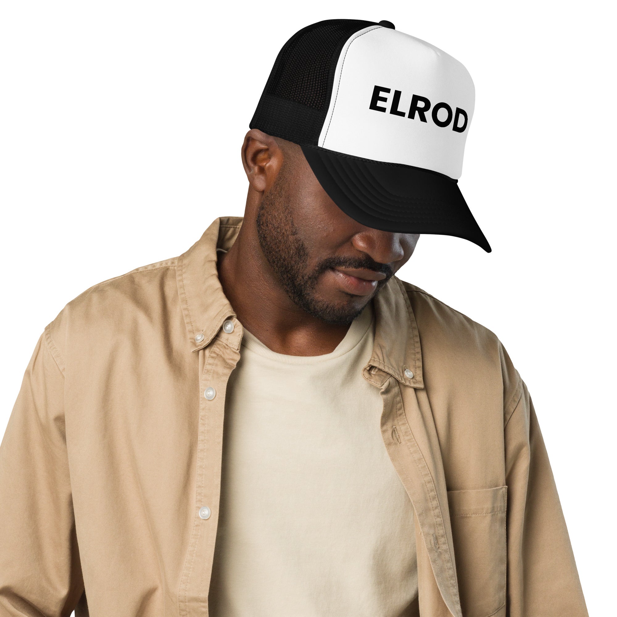 Elrod Pool Hat LE black and white with black text on man left view 