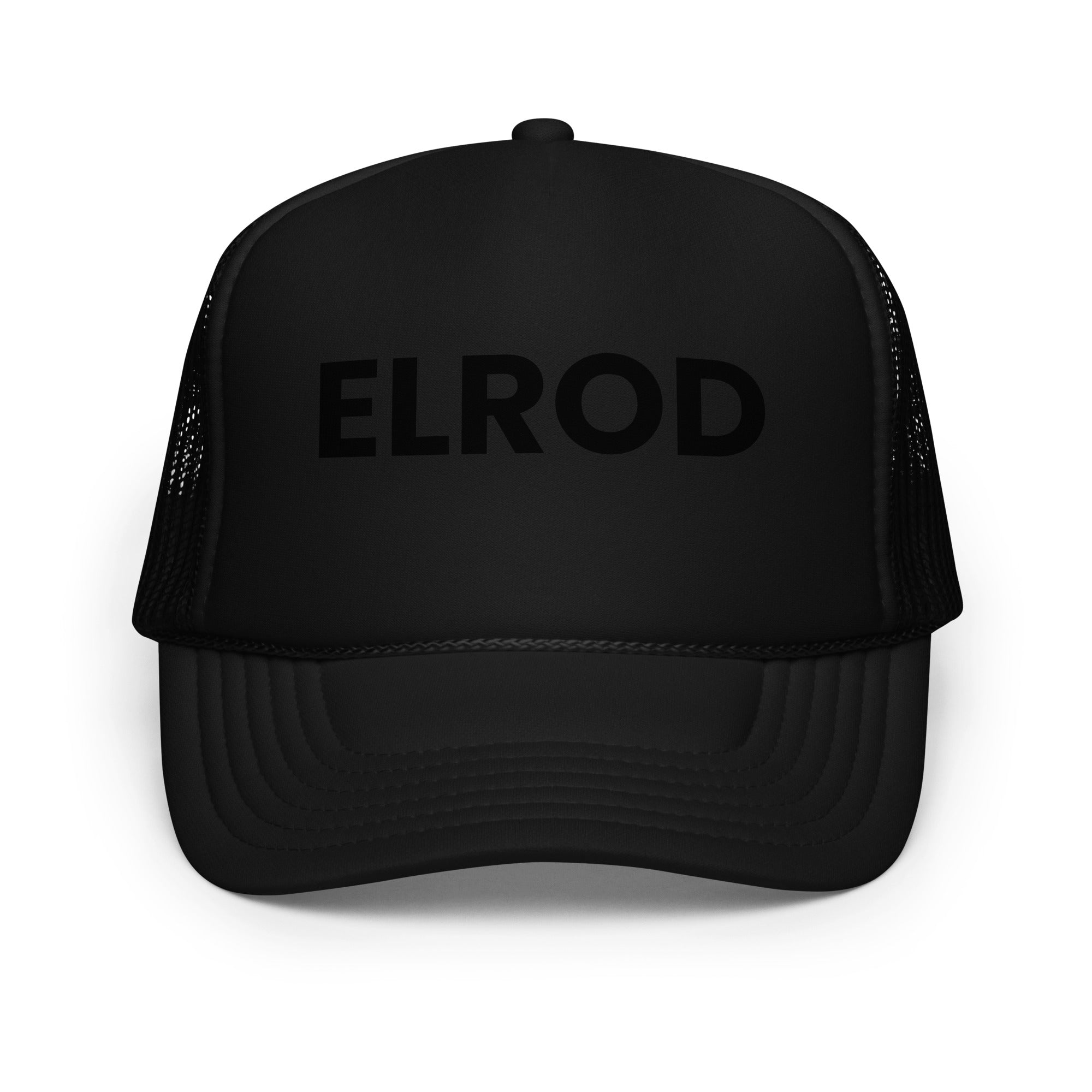 Elrod Pool Hat LE black with black text on front view
