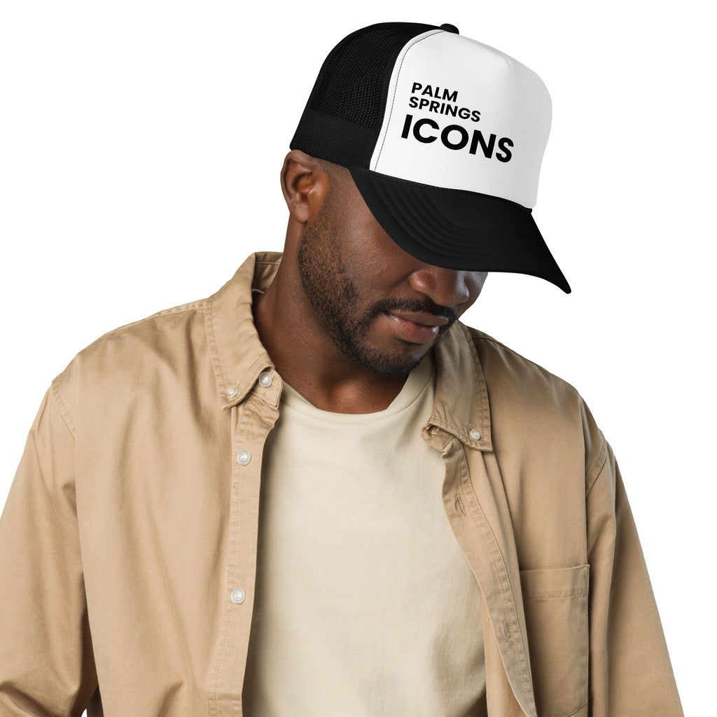 Palm Springs Icons Pool Hat black and white with black text on man side view