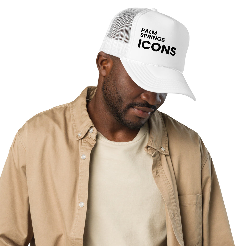 Palm Springs Icons Pool Hat white with black text on man side view