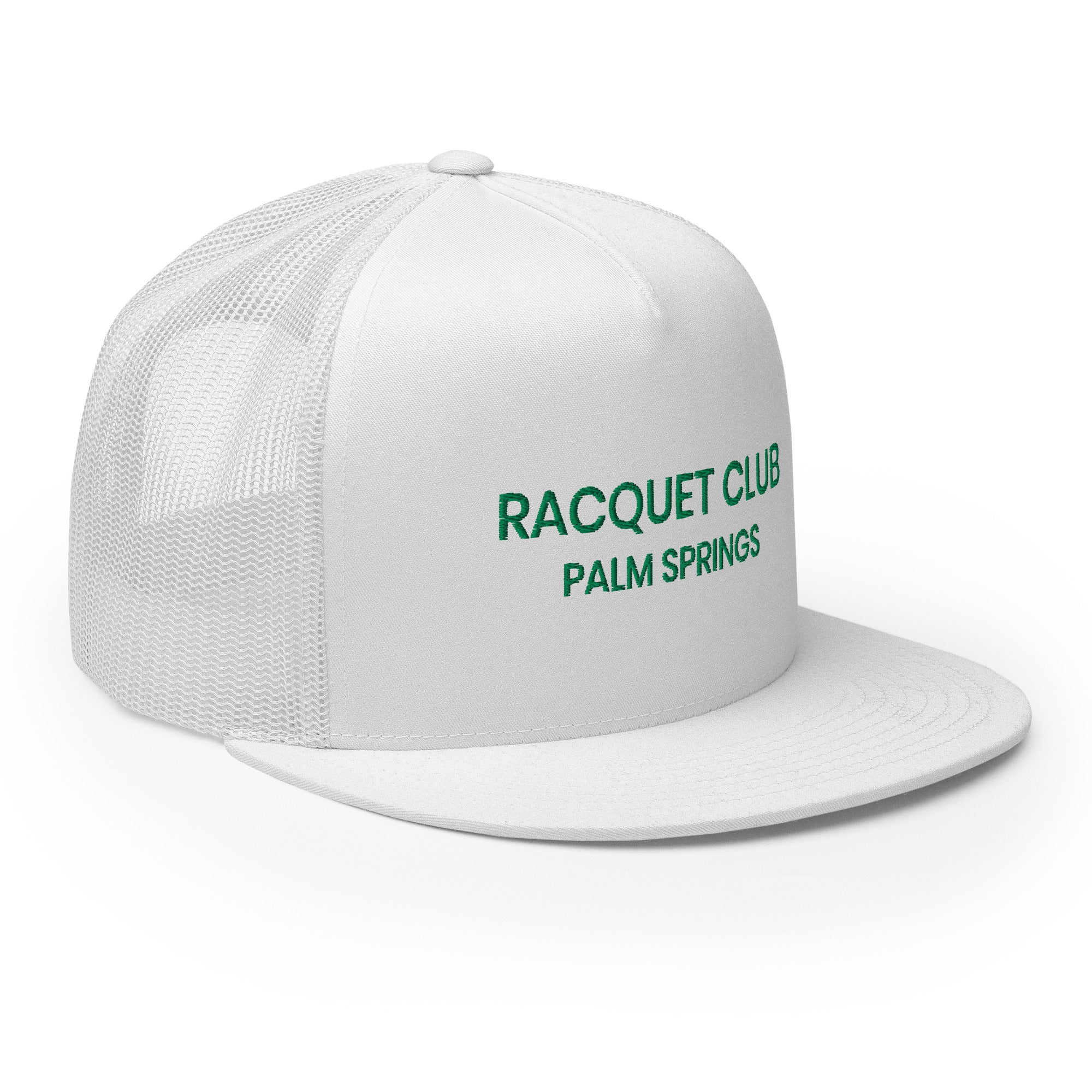 Racquet Club Mod Hat white with green  text left side view