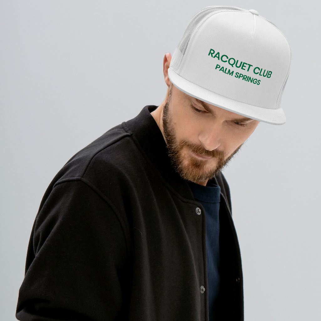 Racquet Club Mod Hat white with green text on man
