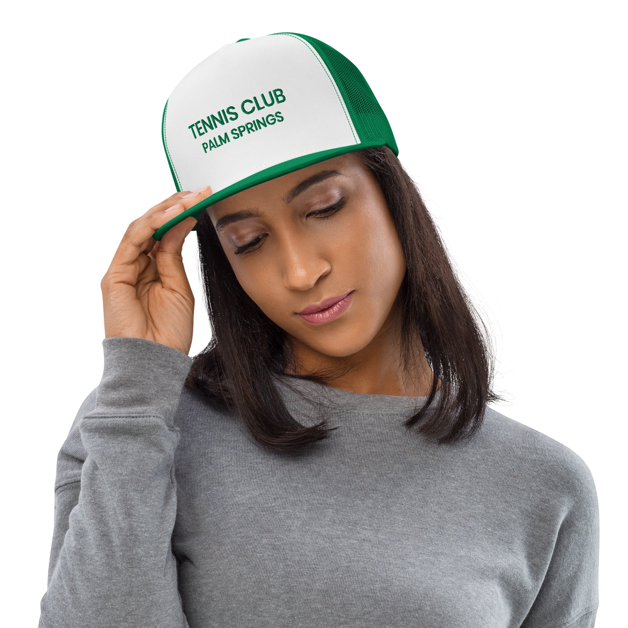 Tennis Club Mod Hat green with green text on woman