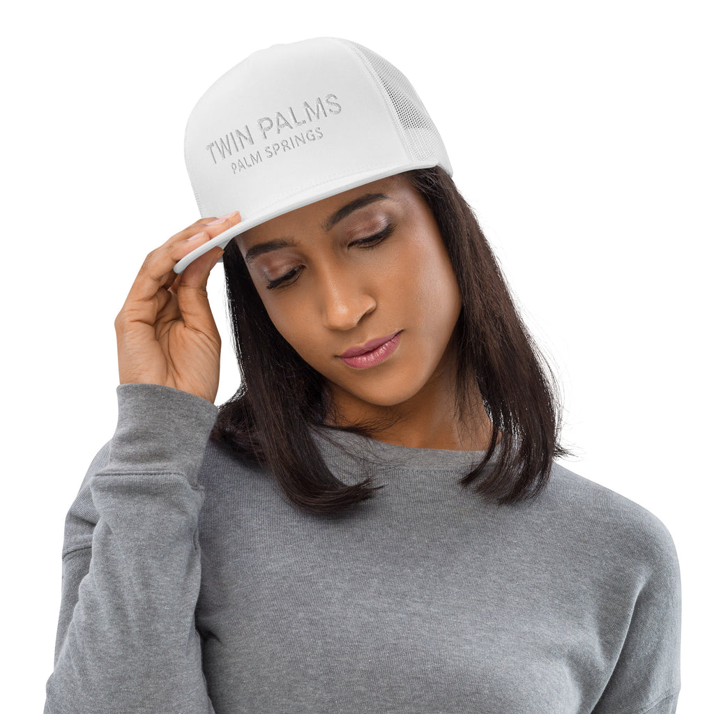 Twin Palms Mod Hat white with white text on woman