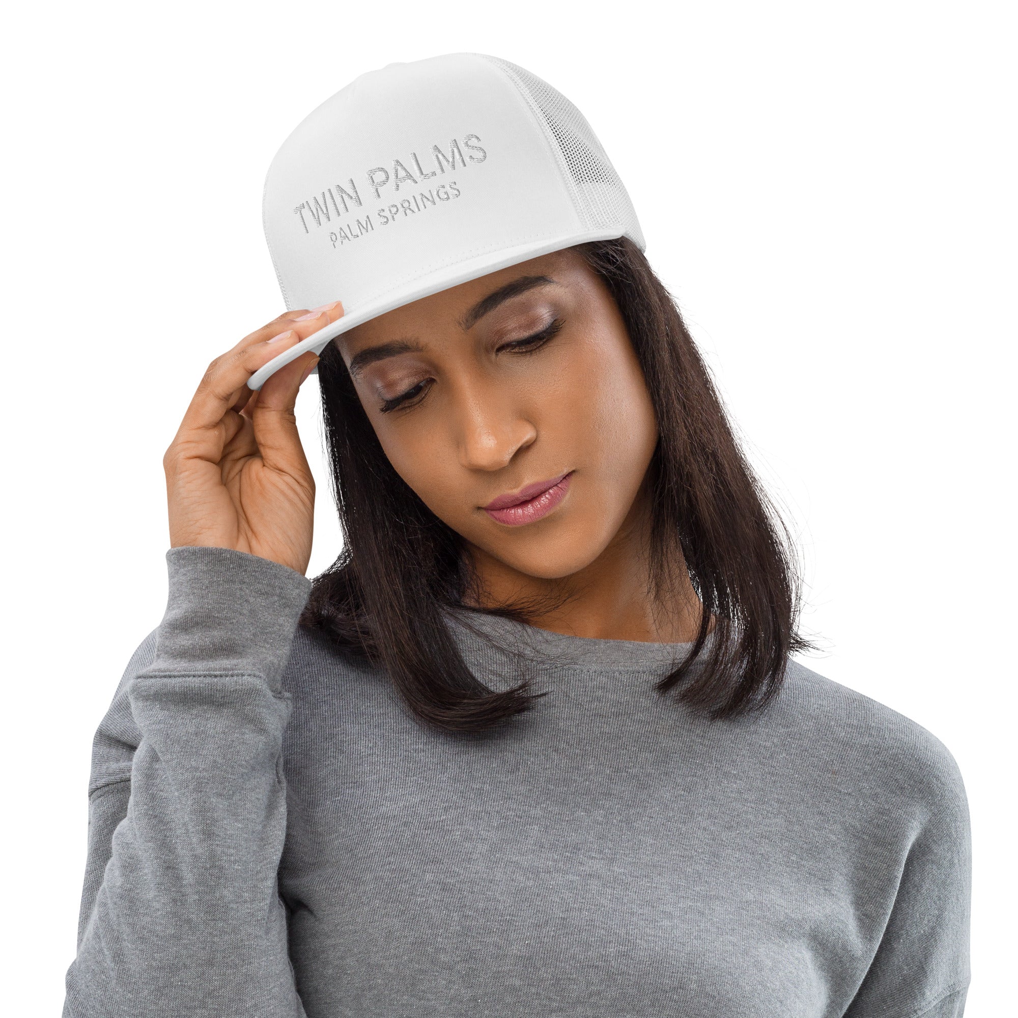 Twin Palms Mod Hat white with white text on woman