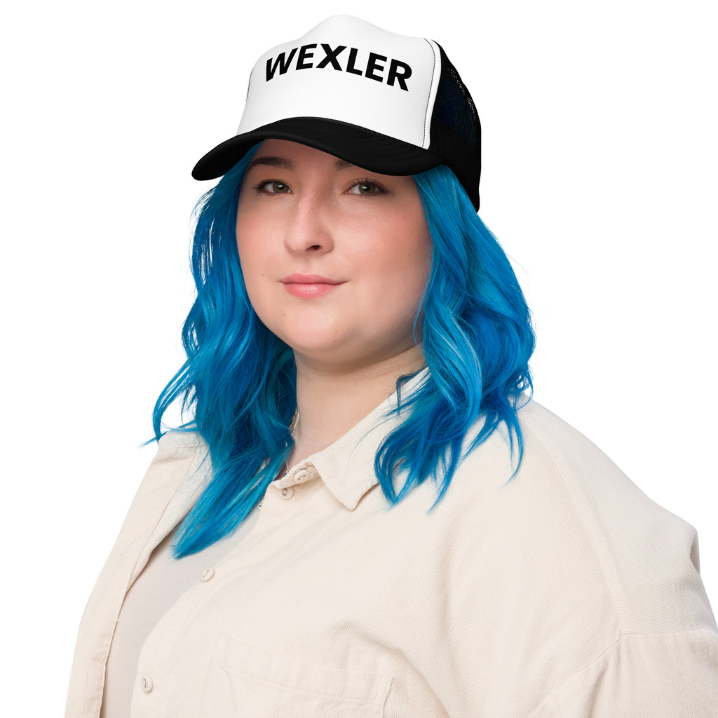 Wexler Pool Hat Leblack and white with black text on woman front view