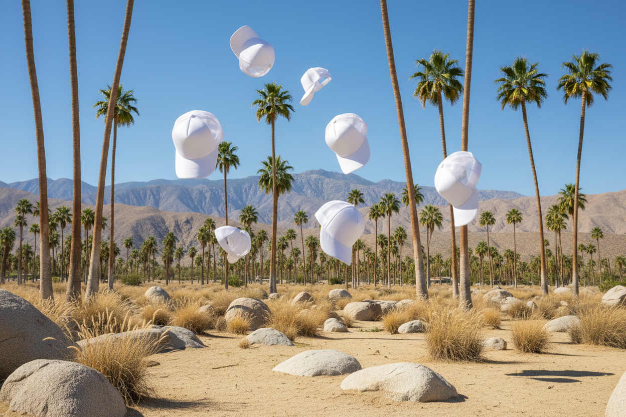 white trucker hats floating by palm trees